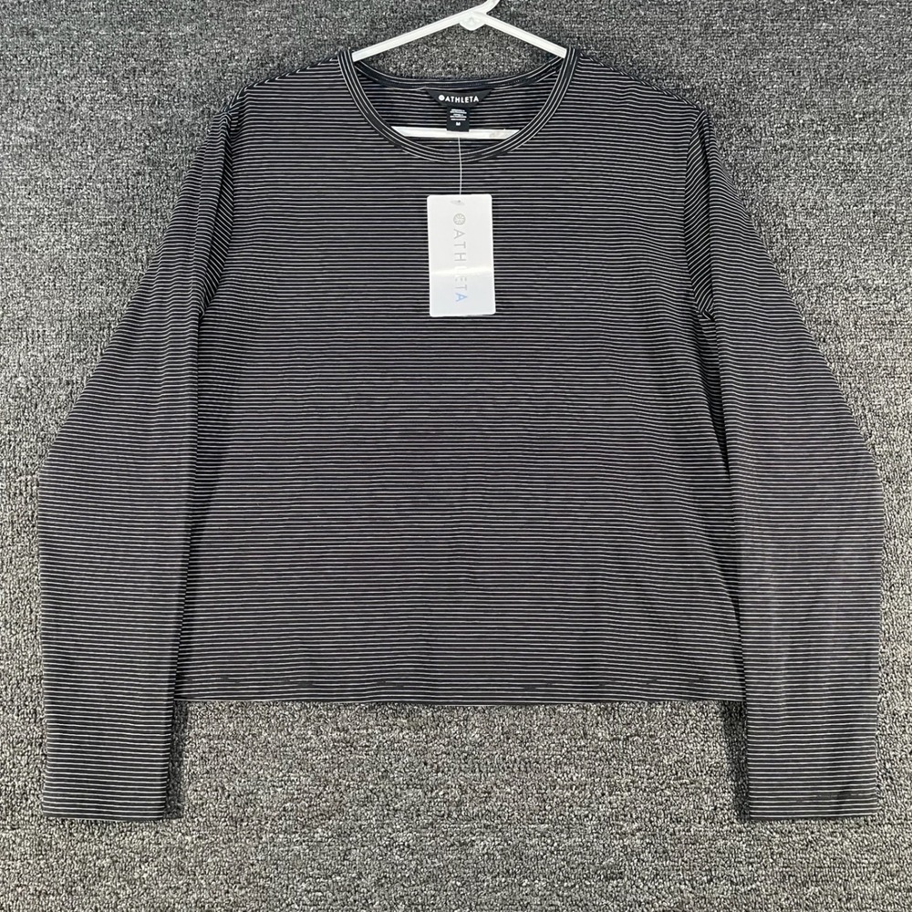 Athleta Essential Top Womens M Black Striped NWT Supima Cotton Long Sleeve Tee